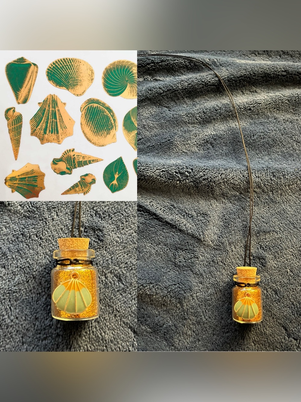 Green & Gold Seashell Fairy Potion Glitter Bottle Necklace w/ Pendant